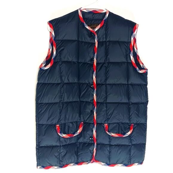 EDDIE BAUER Vintage Women's Goose Down Navy Blue Vest, Red White & Blue Trim - Picture 2 of 11